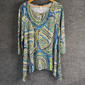 Cocomo Womens Abstract 3/4 Sleeve Top Size XL Keyhole Neck Artsy Stretch Casual